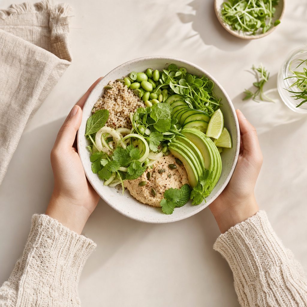 Mediterranean Breeze Bowl mit frischem Gemüse und Hummus
