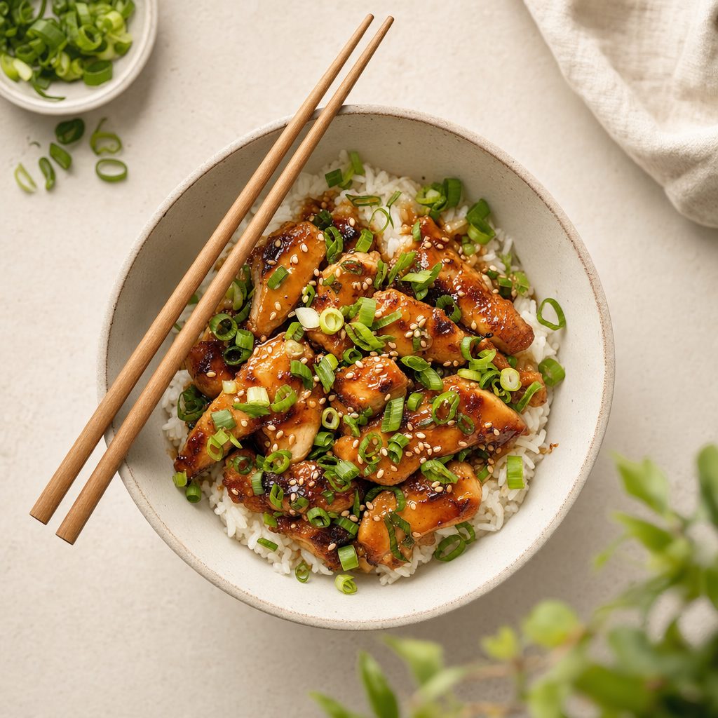 Japan Bowl mit Fried Chicken und Frühlingszwiebeln